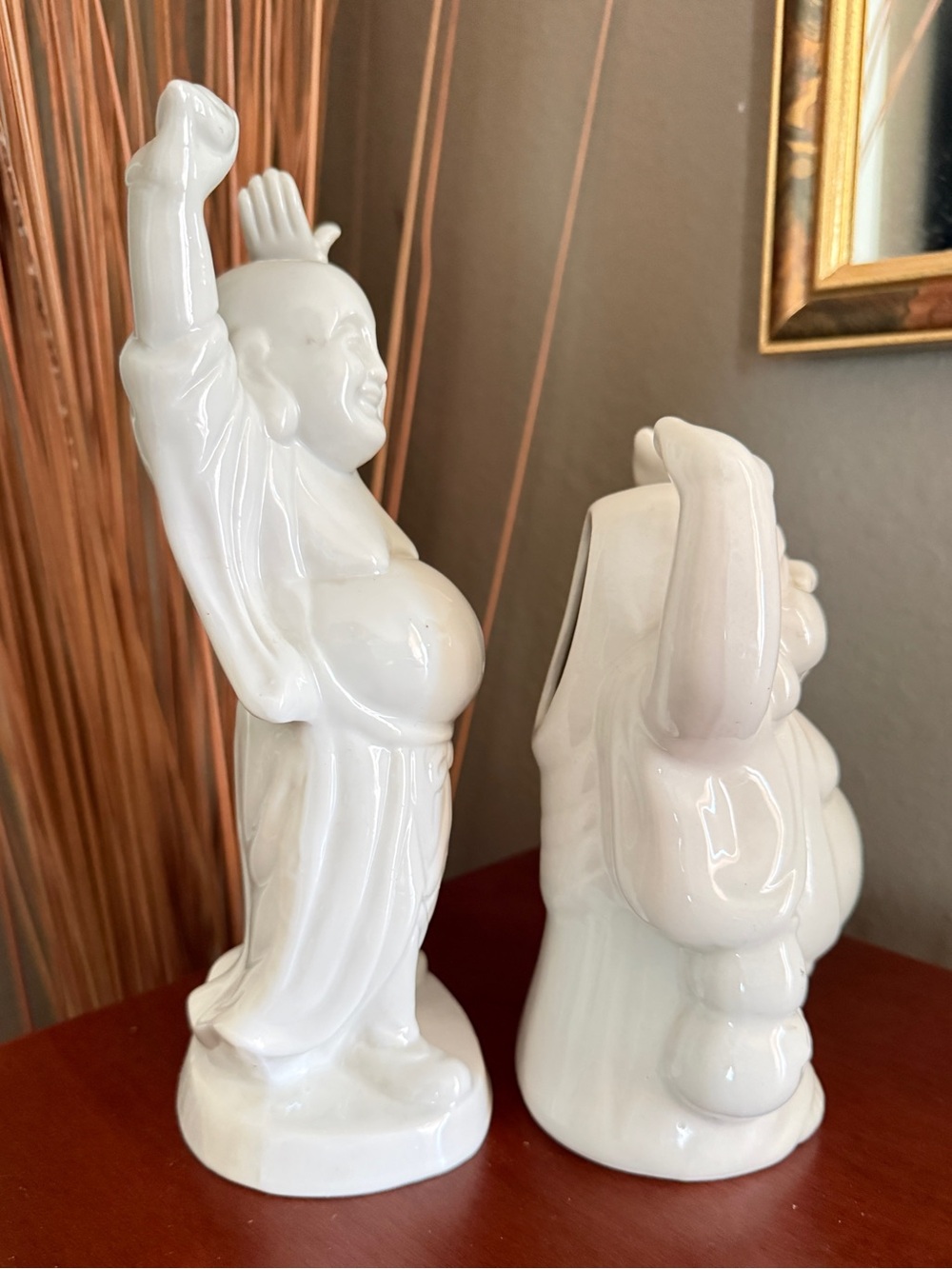 Pair of 2 Vintage Smiling Buddha Porcelain Chinese Religious Figures 9” & 7” H - Picture 6 of 10